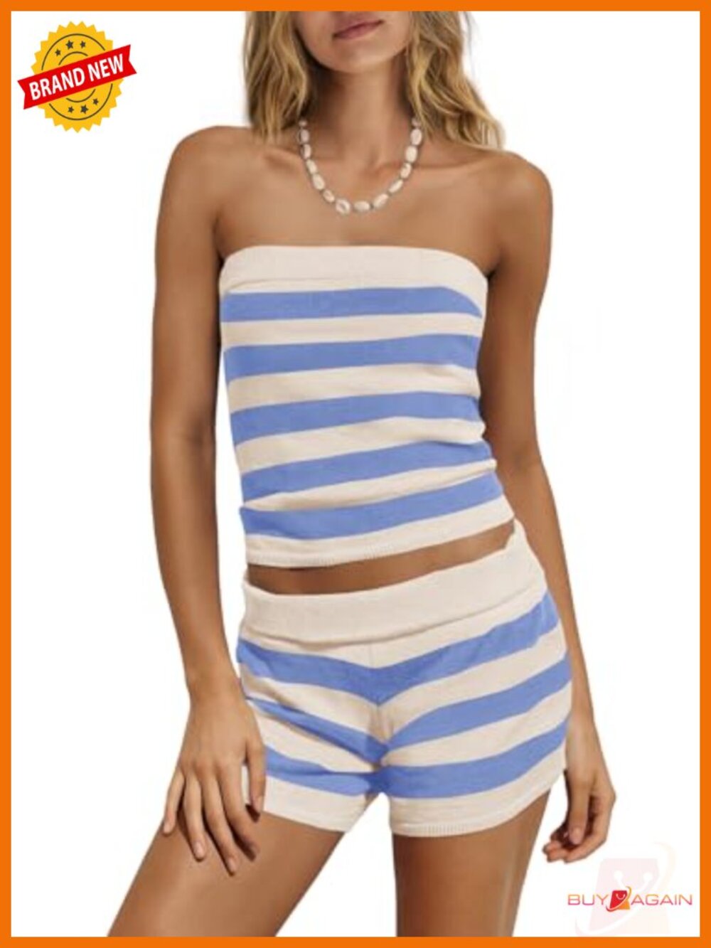 Striped Strapless Tube Top Shorts Set Soft Knit Travel Lounge